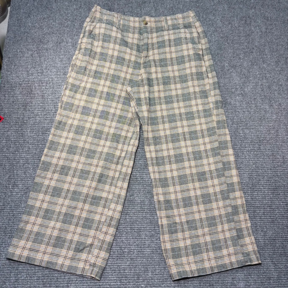 American Eagle Plaid Super High-Rise Baggy Wide Leg Pants Grey Tan Blue Size 14S